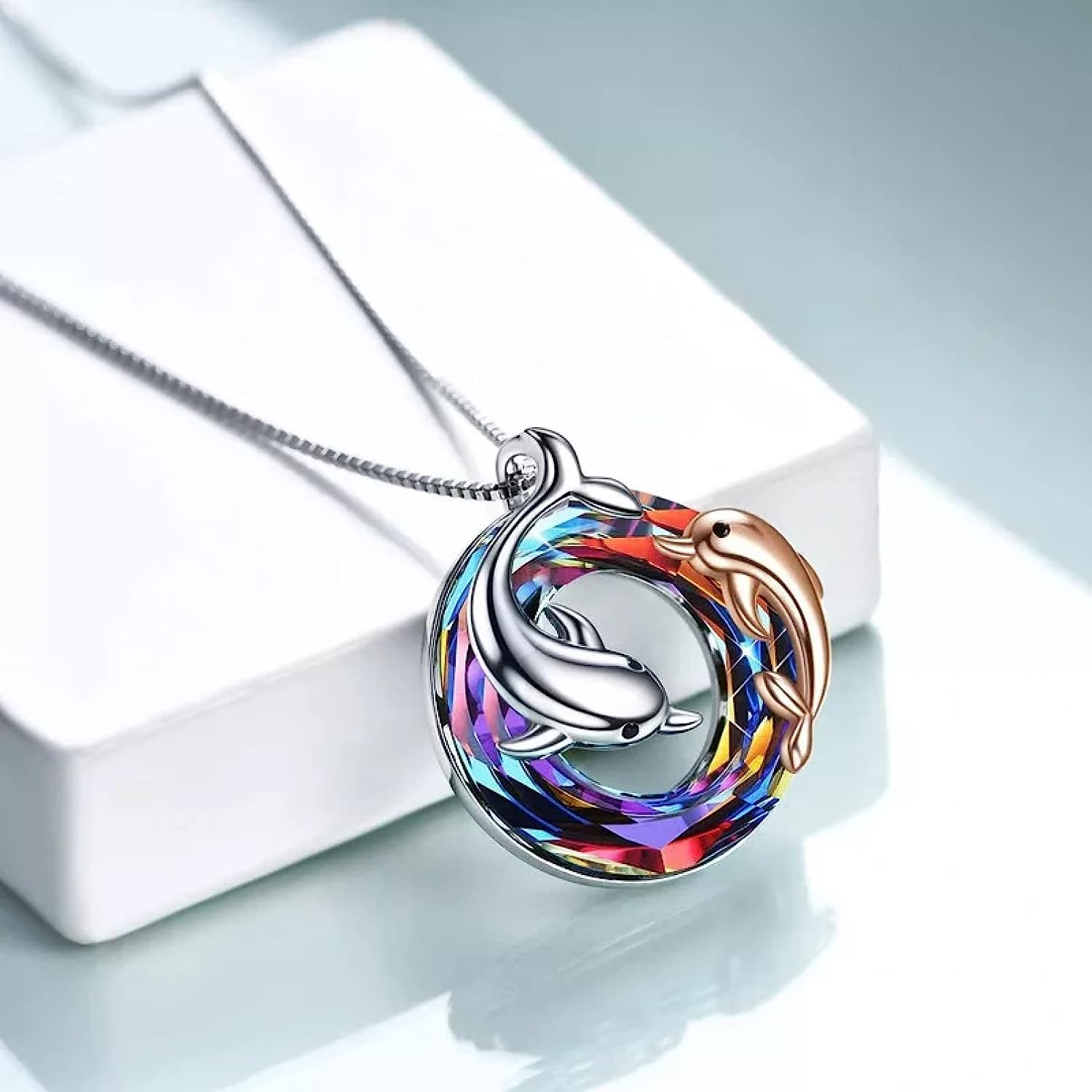 MicLee Collana Con Ciondolo Delfino E Cristalli Blu – Argento 925 Per Donna, Elegante E Moderna